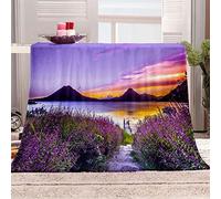 KBDQGX Sherpa Throw Blanket 3D Purple Flower Lake View Pattern Soft Fluffy Flannel Fleece Blanket, Warm Thick Velvet Plush Couch Sofa Throw, Cozy Winter Single Bed Blankets For Kids 150X150Cm