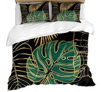 KBDQGX Super King Duvet Cover Sets 260X220Cm 3D Luxury Fashion Art Gold Foil With Golden Green Monstera Leaf On Black Background Printed Pattern Ultra Soft Fluffy Microfiber Quilt Cover, 3 Pieces B
