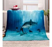 KBDQGX Super Soft Thickened Flannel Couch Blanket Baby Size 130X150Cm Sherpa Fleece Throw Blanket Blue Sea Shark Printed Pattern Fluffy Comfy Warm Microfiber Plush Sofa/Bed Blanket
