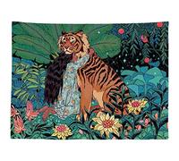 KBEAZY Beauty and the Beast Tapestry Girl with Tiger Tapestry Jungle Forest Flower Bush Animal Tapestry, Art Wall Hanging Home Decoration Tapestry for Bedroom Living Room, 78.7x59.1 inch