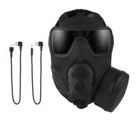 KBFLWBF Tactical Airsoft Full Face Mask with Built-in Microphone, Single Fan Canister, Dummy Voice Amplifier Model & 2 Communication Adapter Cables, Left/Right Reversible Canister Mount, Black A