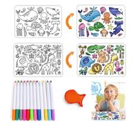 KBIBCK 2 Pack Colouring Placemat for Kids, 37x25 cm Silicone Washable Colouring Placemats with 12 Markers and 1 Sponge Eraser, Silicone Learning Placemat, Wipe Clean Reusable Colouring Pad for Kids