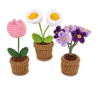 KBIBCK 3 Pcs Handmade Crochet Flowers Pots, Handmade Knitted flowers, Mini Knitted Potted Plants, Puff Knitting Artificial Flowers for Birthday Wedding Teacher’s Day Gift Home Office Decoration
