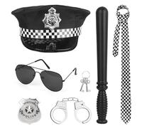 KBIBCK 6pcs Police Costume Accessories, Police Accessories Set, Hat, Sunglasses, Badges, Handcuffs, Baton and Tie,Helloween Carnival Pretend Play
