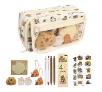 KBIBCK Capybara Pencil Case, Capybara Stationery Set with 9 Compartments, Pencil Case with Key Fob, Stickers, Brooches, Sticky Note, Large Capacity Pencil Case for School and Children, brown, capybara