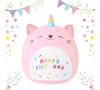 KBIBCK Cat Plush Pillow, 25CM Happy Birthday Stuffed Animal, Plush Toy for Cuddling, Napping Room Decor Relaxing, Birthday Easter Gifts for Kids, Adults and Plushie Lovers