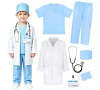 KBIBCK Children's doctor's coat, doctor costume, surgeon costume | With white coat, stethoscope, surgical caps, children's doctor coat set, Halloween role play accessories for children from 6