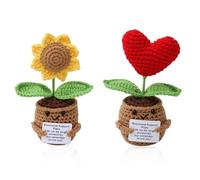 KBIBCK Emotional Support Plant, 2 PCS Knitted Flower with Positive Card, 15 cm Handmade Knitted Emotional Support, Positive Plant Crochet, Emotional Support Gift Sunflower & Red Heart for Lover Family