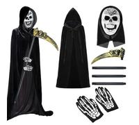 KBIBCK Grim Reaper Costume for Kids, 4PCS Grim Costume Set with Hood, Scythe Accessories, Skull Plastic Mask and Skeleton Gloves, Mysterious Horror Reaper Costumes Fancy Dress Cosplay for Kids (140cm)