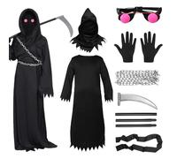 KBIBCK Grim Reaper Costume for Kids,7 Pcs Grim Reaper HalloweenCostumes with Luminous Glasses, Scythe, Chain Belt, Gloves,Halloween Fancy Dress Costume Boys,Death CostumeParty Cosplay(140-150cm)