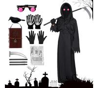 KBIBCK Grim Reaper Costume for Kids,8 Pcs Grim Reaper Halloween Costumes With Luminous Glasses, Scythe, Death Note, Black Crow, Skeleton Gloves,Halloween Fancy Dress Costume for 9-11 Boys(130-140cm)