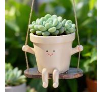 KBIBCK Hanging Planter Swing Face Plant Pot, Cute Resin Head Planters with Drainage Hole, Smily Face Planter Pots, Indoor and Outdoor Succulent Pot for Home Decor Gift