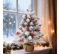 KBIBCK Mini Christmas Tree, 55CM Artificial Tabletop Christmas Tree with LED Light Pine Cone & Red Berry, Snow Flocked Pine Xmas Tree, Holiday Desktop Xmas Tree Decor with Burlap Base for Home Office