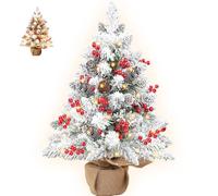 KBIBCK Tabletop Christmas Tree,21.65 inch Mini Snowy Christmas Trees with 20 LED Fairy Lights, Snowy Pine Christmas Tree with Pine Cones and Red Berries, Artificial Xmas Tree for Christmas Table,Desk