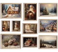 KBKBART Christmas Wall Art Prints Set of 10, Winter Christmas Picture Wall Decor Santa Xmas Tree Forest Canvas Artwork, Snow Scene Street Christmas Aesthetic Posters for Bedroom, Vintage Christmas