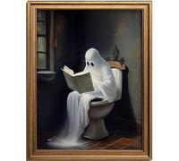 KBKBART Framed Canvas Wall Art, Vintage Cute Ghost on Toilet Reading Books Gothic Aesthetic Posters, Spooky Dark Academia Room Decor, Ghost in Bathroom Horror Halloween Pictures, Bathroom Decor Wall