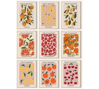 KBKBART Fruit Market Wall Art Print Set of 9, Abstract Colorful Posters, Prints Lemon Orange Banana Strawberry Mango Grapefruit Kitchen Gallery Decor, Canvas Paintings for Dining Room,