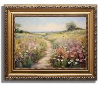 KBKBART Gold Framed Vintage Wall Art, Vintage Spring Decor, Wildflower Countryside Canvas Oil Painting Farmhouse Decor Wall Art, Rustic Antique Landscape Bathroom Wall Decor for Bedroom Living Room,