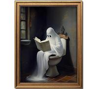 KBKBART Gothic Aesthetic Ghost Reading Books Wall Art, Vintage Cute Spooky Dark Academia Room Decor, Bathroom Horror Halloween Pictures
