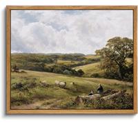 KBKBART Vintage Framed Canvas Wall Art, Farmhouse Decor Countryside Green Nature Scenery Sheep Canvas Oil Painting, Vintage Landscape Wall Prints, Wall Decorations for Living Room Home Farmhouse