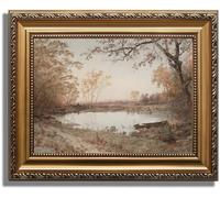 KBKBART Vintage Framed Wall Art for Living Room, French Country Decor Retro Rivers Muted Autumn Pond Landscape Oil Painting, Neutral Farmhouse Decor, Gold Framed Canvas Print Artwork Nature Vintage
