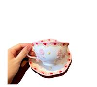 KBLDOPN Relief Floral Ceramic Coffee Cup and Saucer Set, Cartoon Love Heart Bow Hand-Painted Three-Dimensional Flower Mark Cup for Tea Cappuccino Espresso(Style 1)