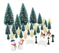 KBNIAN 36Pcs Miniature Christmas Tree, Bottle Brush Trees with Wood Base Mini Artificial Xmas Trees Mini Model Snow Trees with Mini Snowman, Street Lamps, Deer for Xmas Table Decor Miniature Scenes