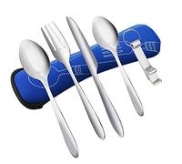 KBNIAN 5Pcs Camping Cutlery Set Portable Cutlery Set with Knife Fork Spoon Bottle Opener Stainless Steel Flatware Outdoor Camping Utensil Set with Neoprene Bag for Travel Camping School (Blue)