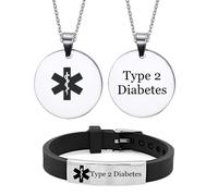 KBNSUIAN 2 Pack Personalised Medical Alert ID Type 2 Diabetes Bracelet Necklace for Women Kids Men Diabetic Awareness Wristband Pendant Identification Jewellery for Adults Teens,Black,with Aid Bag