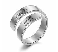 KBNSUIAN Inspirational AA Sobriety 18K Gold Cuff Ring for Women Men, One Day at a Time Heartbeart Statement Ring, Alcoholics Anonymous Abstinenece Sober Recovery Jewellery Gifts, Silver