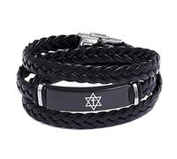 KBNSUIAN Men's Jewish Christian Symbol Jewelry - Black Wrap Leather Messianic Star of David with Cross Bracelet Bangle Man Religious Jewelry, 8.26 inches, Stainless Steel, stainless steel