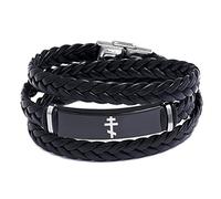 KBNSUIAN Multilayer Wrap Leather Three Crossbeams Russian Orthodox Cross Bracelet Eastern Orthodox Christian Bangle Catholic Christ Jesus Protection Jewelry for Church Baptism Communion,Black