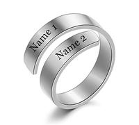 KBNSUIAN Personalised Women Men's Name Ring, Stainless Steel Custom Initials Nickname Couple Wrap Climber Cuff Ring, His and Her Commitment Promise Band for Boyfriend Girlfriend Wife Husband, Silver