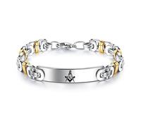 KBNSUIAN Stainless Steel Mason Symbol Bracelet Chain for Men Women, Gold Silver Tone Masonic Byzantine Link Bracelet with Lobster Claw, Square Compasses Masonry Jewellery
