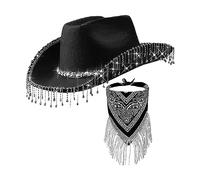 KBOLAE Western Cowboy Cowgirl Hat Bling Rhinestone Fringe Hat Halloween Costumes Black, 12.5cm
