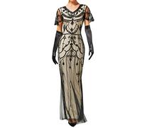 KBOPLEMQ Charleston Costume Women's Gatsby Dress 1920s Dress Sequin Dresses Short Fringe Sleeves Round Neck Flapper Dress Great Gatsby Dress Women Cocktail Party Fancy Dress Costume, P Beige, S