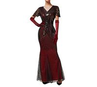 KBOPLEMQ Charleston Women's Gatsby Dress 1920s Sequin Fringe Sleeves Round Neck Flapper Cocktail Party Fancy Dress, O Red, M