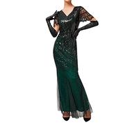 KBOPLEMQ Charleston Women's Gatsby Dress 1920s Sequin Fringe Sleeves Round Neck Flapper Cocktail Party Fancy Dress, O Green, L