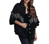 KBOPLEMQ Denim Jacket Women's Oversized Denim Jacket Casual Frayed Tassel Black Denim Jacket for Women Fashion Fringe Rhinestone Cowgirl Jeans Coats Cowgirl Denim Jacket Long Sleeve Cardigan
