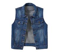 KBOPLEMQ Denim Jacket Women's Sleeveless Lapel Button Placket Casual Denim Denim Vest Woman Short Transition Jacket Wash Effect Trucker Jacket Fashion Destroyed Cracks Short Motorcycle Jacket, 01 Dark