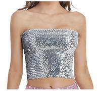 KBOPLEMQ Fancy Dress Costumes Women's Sequin Skirt Glitter Bandeau Top with Metallic Belly Dance Hip Scarf Silver Bandeau Strapless Crop Top Party Club Outfits Belly Dance Costume Carnival Costumes, P