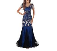 KBOPLEMQ Gatsby Costume Women's Charleston Dress Evening Dress Prom Dress 1920s Retro Cocktail Style Flapper Dress with Sequins Long 1920s Flapper Cocktail Dress Mesh Fabric, R Blue, XXL