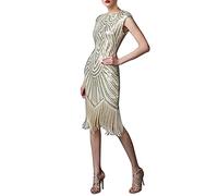 KBOPLEMQ Gatsby Costume Women's Charleston Dress Vintage 1920s Style Sequin Dress V-Neck Long Charleston Dress Retro Elegant Ball Dresses Fringe Glitter Cocktail Dress Evening Dresses, O Beige, M