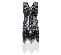 KBOPLEMQ Gatsby Costume Women's Charleston Dress Vintage 1920s Style Sequin Dress V-Neck Long Charleston Dress Retro Elegant Ball Dresses Fringe Glitter Cocktail Dress Evening Dresses, P White, M