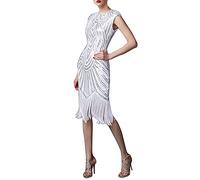 KBOPLEMQ Gatsby Costume Women's Charleston Dress Vintage 1920s Style Sequin Dress V-Neck Long Charleston Dress Retro Elegant Ball Dresses Fringe Glitter Cocktail Dress Evening Dresses, O White, L