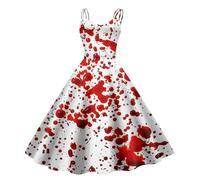 KBOPLEMQ Halloween Costume Women's Party Dress Bloody A-line Maxi Dress Casual Terrifier Horror Bride Sexy Witch Costume Blood Printed Party Dress Spaghetti Midi Dress Halloween Cocktail Dress