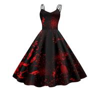 KBOPLEMQ Halloween Costume Women's Party Dress Bloody A-line Maxi Dress Casual Terrifier Horror Bride Sexy Witch Costume Blood Printed Party Dress Spaghetti Midi Dress Halloween Cocktail Dress
