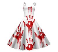 KBOPLEMQ Halloween Costume Women's Party Dress Bloody A-line Maxi Dress Casual Terrifier Horror Bride Sexy Witch Costume Blood Printed Party Dress Spaghetti Midi Dress Halloween Cocktail Dress
