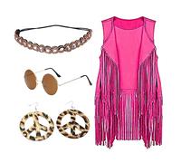 KBOPLEMQ Hippie Costume Women's Set Brown Fringe Vest Hippie Bolero Carnival Fancy Dress Costumes 4 Pieces Set Halloween Fringe Sleeveless Vest Hippie Clothing 60s 70s Clothing Disco Outfit