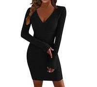 KBOPLEMQ Knitted Dresses Women's Elegant Sexy Jumper Dress V-Neck Long Sleeve Casual Bodycon Knitted Jumper Winter Dress Jumper Dress Wool Dress Long Sweater Long Jumper Mini Dress, black, S